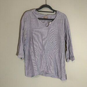 J. Jill Hooded Top Women XS Blue White Ticking Stripe Linen Blend‎ 3/4 Sleeve